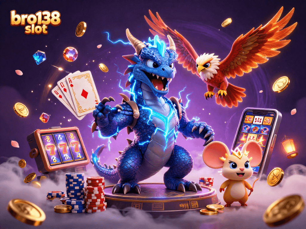 Experience the thrill of the bro138 slot with vibrant 3D characters, spinning reels, and dynamic casino elements.