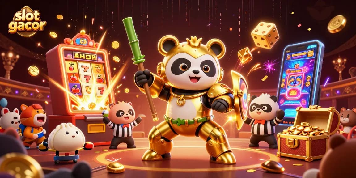 Slot gacor mengungkap jackpot dengan panda emas dan elemen kasino yang meriah.
