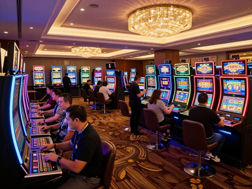 F168 casino floor featuring excited players engaged in games under vibrant neon lights