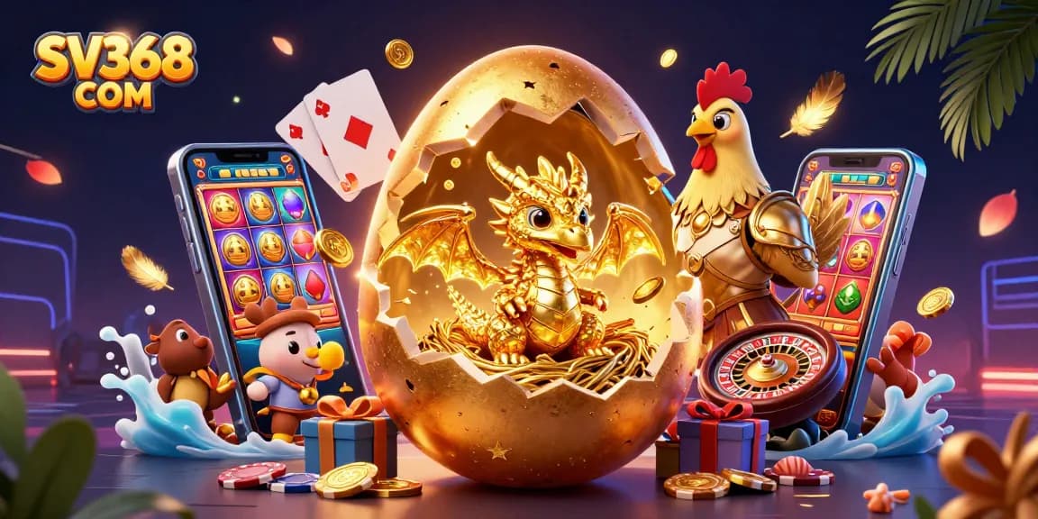 Win big with SV368 COM featuring a golden dragon and poker chips in an exciting casino illustration.