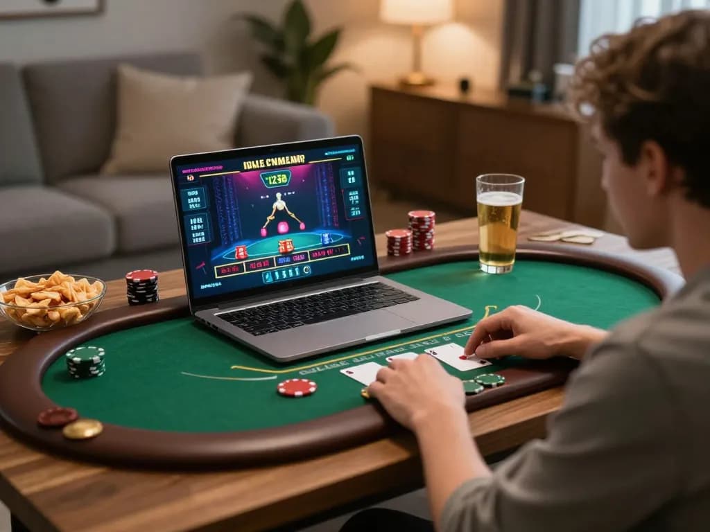 Engaged user playing live dealer blackjack game on 123B, focused on the screen with snacks nearby