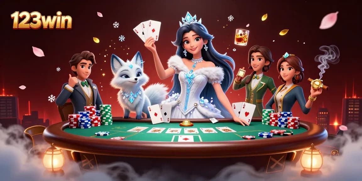 Engage in thrilling games with 123win, featuring a stunning ice queen and colorful poker elements.