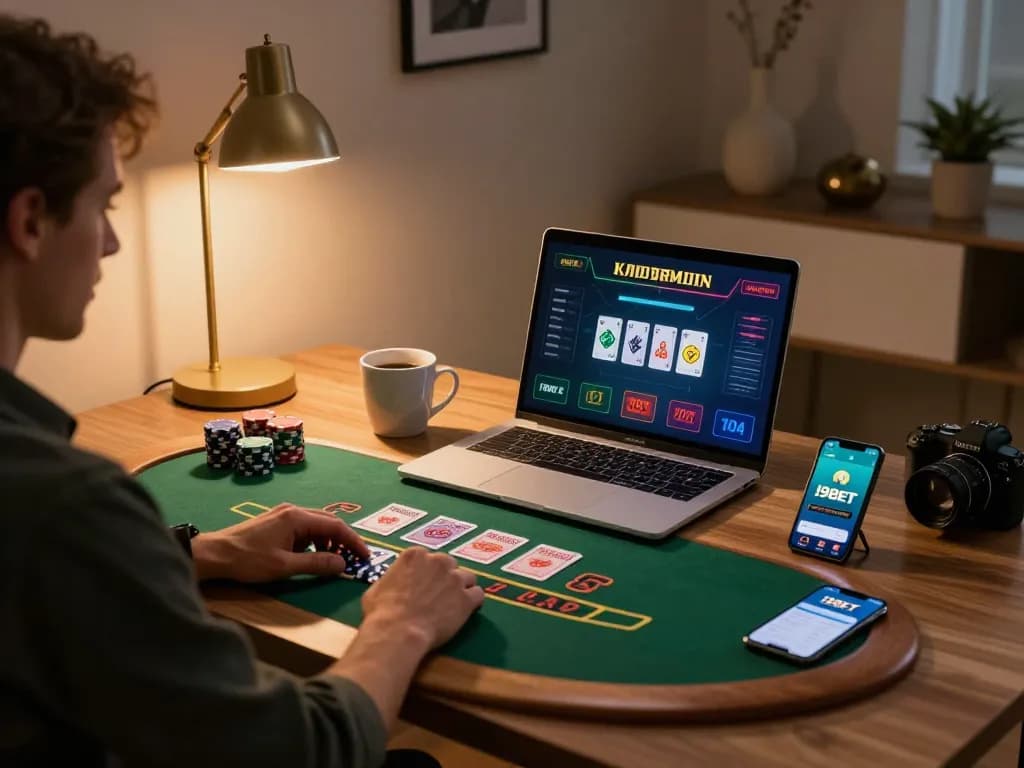 I9BET player engaged in a live dealer blackjack game at a stylish home office.