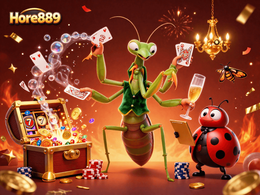 Experience exciting gameplay at Hore889 with a vibrant illustration showcasing slots and festive casino elements.