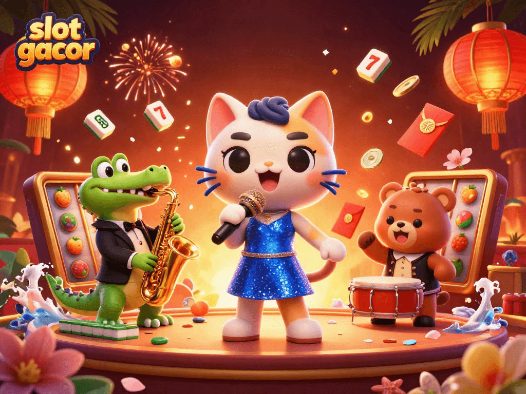 Memutar slot gacor dengan karakter kartun kucing penyanyi jazz di kasino yang ceria.