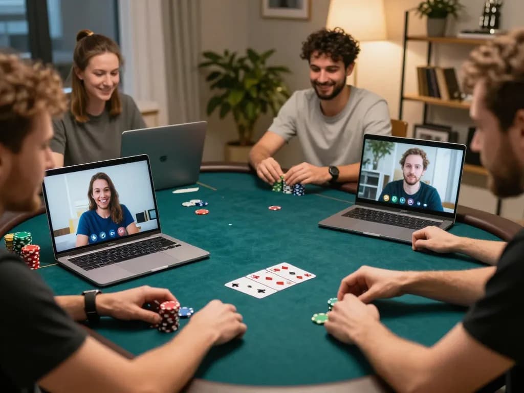 Engaging in online poker via kaisar888 login on a laptop, showcasing strategic gameplay and friendly interactions.
