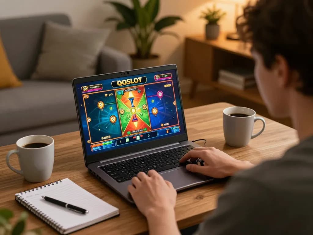 Experience QQSLOT Link Alternatif while evaluating strategies in a cozy home gaming setup.