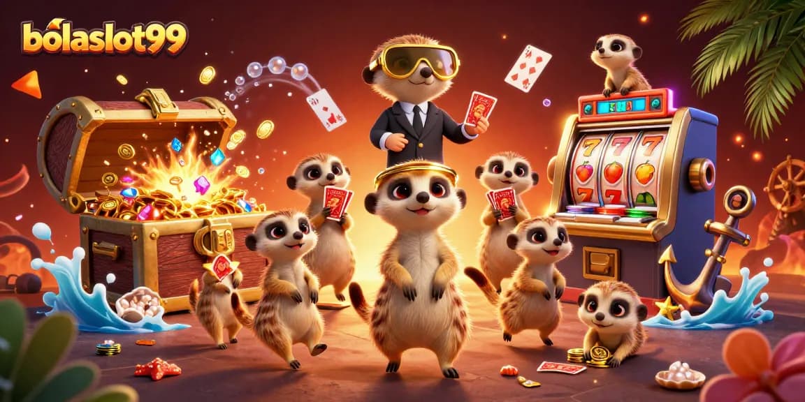 Experience the thrill of bolaslot99 with meerkats managing a vibrant casino scene.