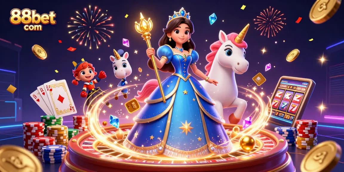 Experience the excitement of casino gaming at 88bet com with a vibrant 3D illustration featuring dynamic game elements.