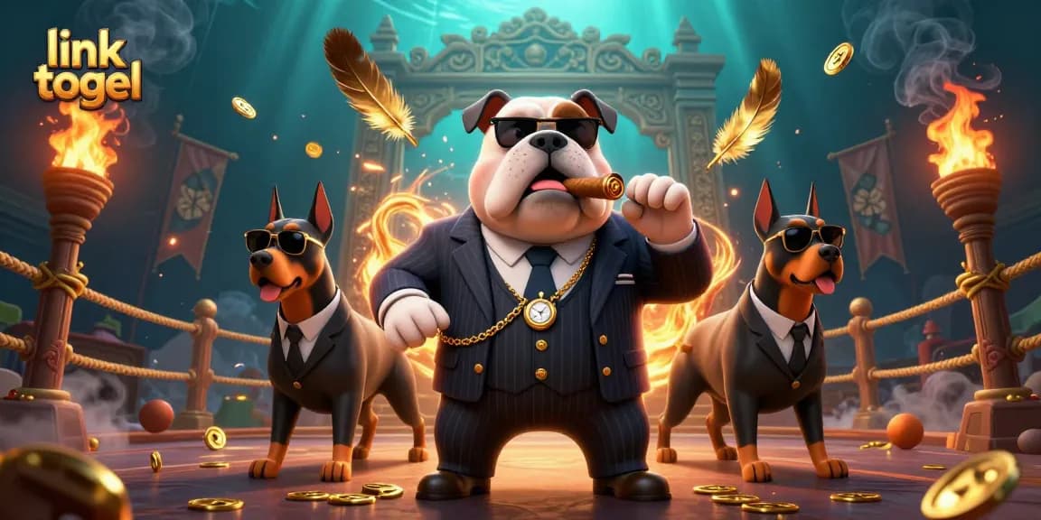 Win big with link togel in this dynamic casino battle scene featuring a mafia bulldog and his Doberman guards.