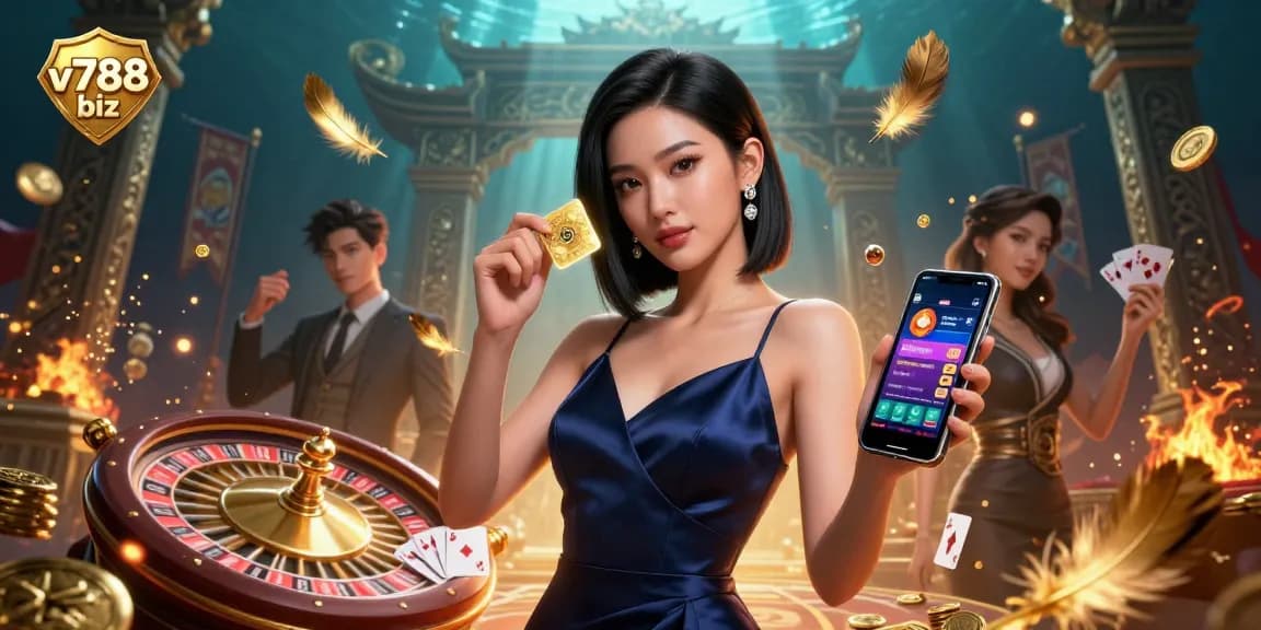 Engage at v788 biz with vibrant casino games, showcasing a stunning woman in a navy dress holding a chip and smartphone.