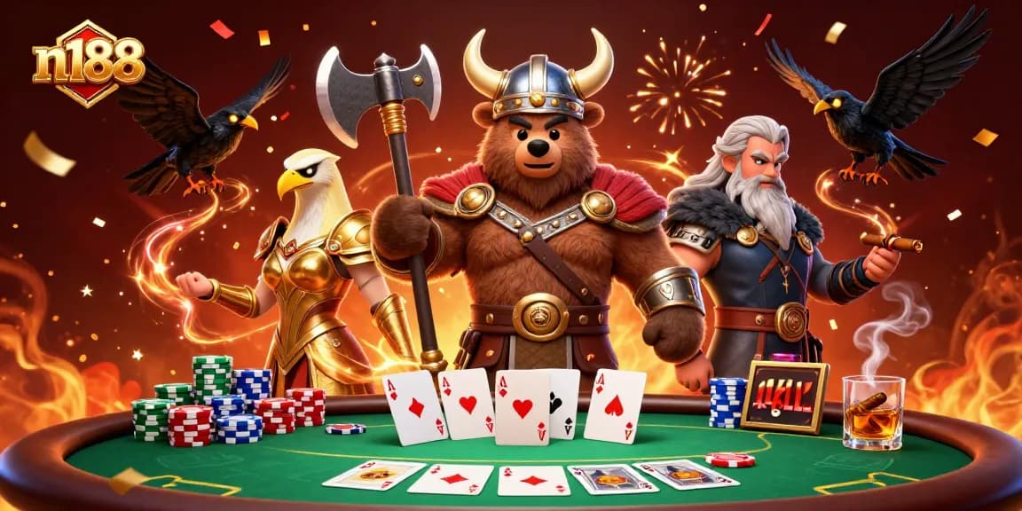 Experience thrilling action with n188, featuring a Viking bear and Valkyrie eagle at a lively poker table.