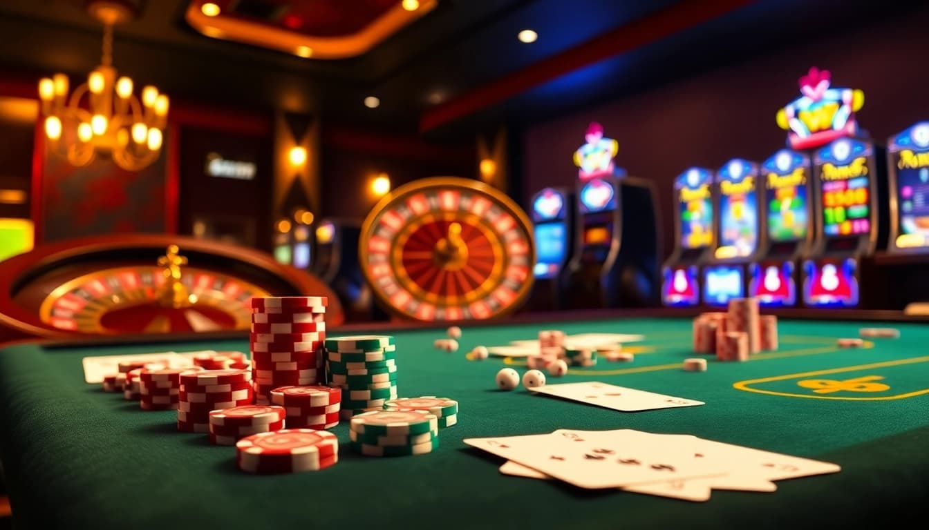 Betting excitement at https://luck8com.host/ with poker chips and a roulette wheel in a vibrant casino scene.