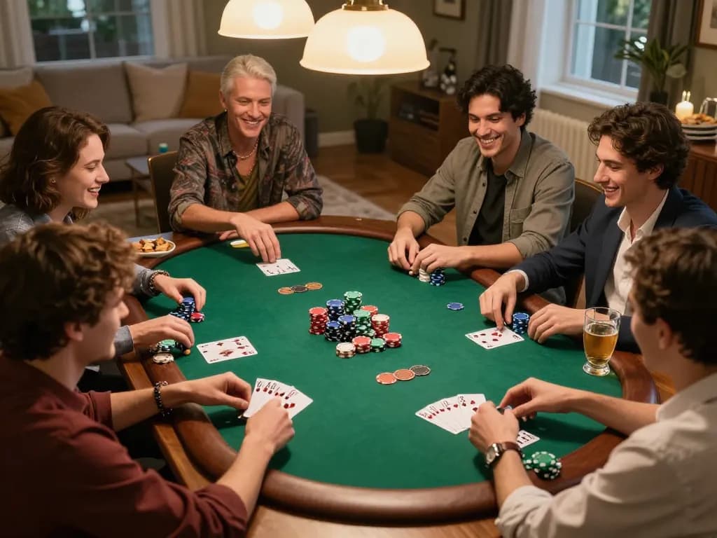 Friends enjoying a poker game at home, showcasing vibrant betting action, enhancing fabet gaming experience.