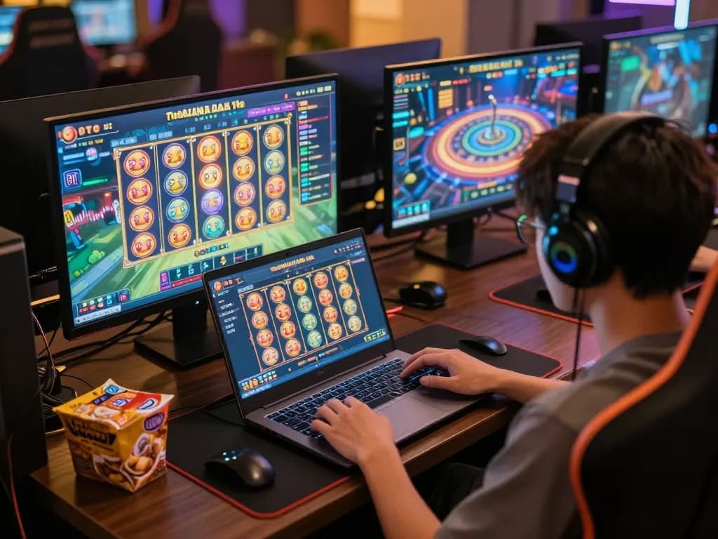 Engaged player spinning toto macau slot reels on a laptop in a cozy gaming setup.
