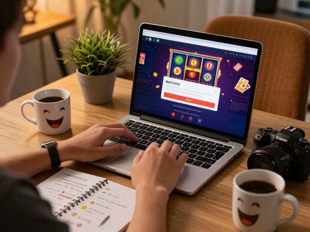 BAYITOTO login screen on a laptop, showcasing a cozy online gambling setup with strategic notes.