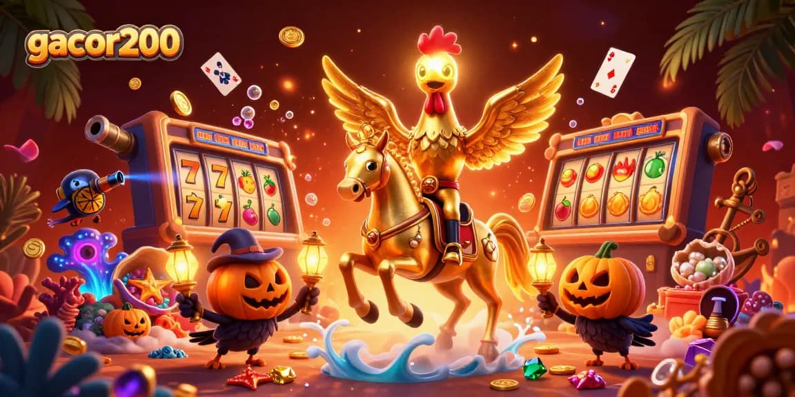 Gacor200 menghadirkan suasana kasino malam dengan simbol-simbol slot berkilau dan karakter unik bertema