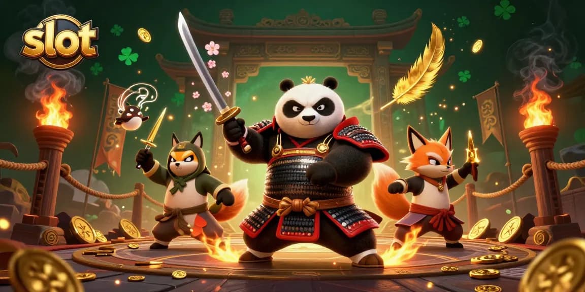 Engage with the thrilling slot world, featuring a samurai panda and ninja fox in an energetic casino scene.
