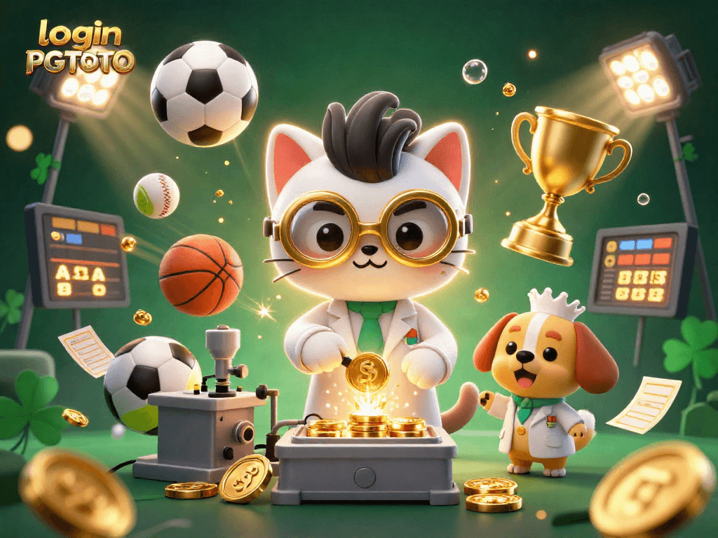 Engage with login PGTOTO in an exciting scene featuring a mad scientist cat, sports elements, and golden coins.