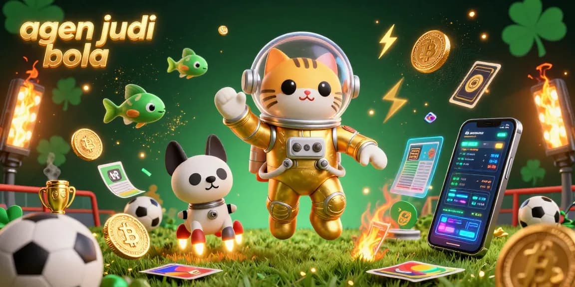 Place your bets at agen judi bola for sports action, featuring 3D astronaut cat and vibrant elements.
