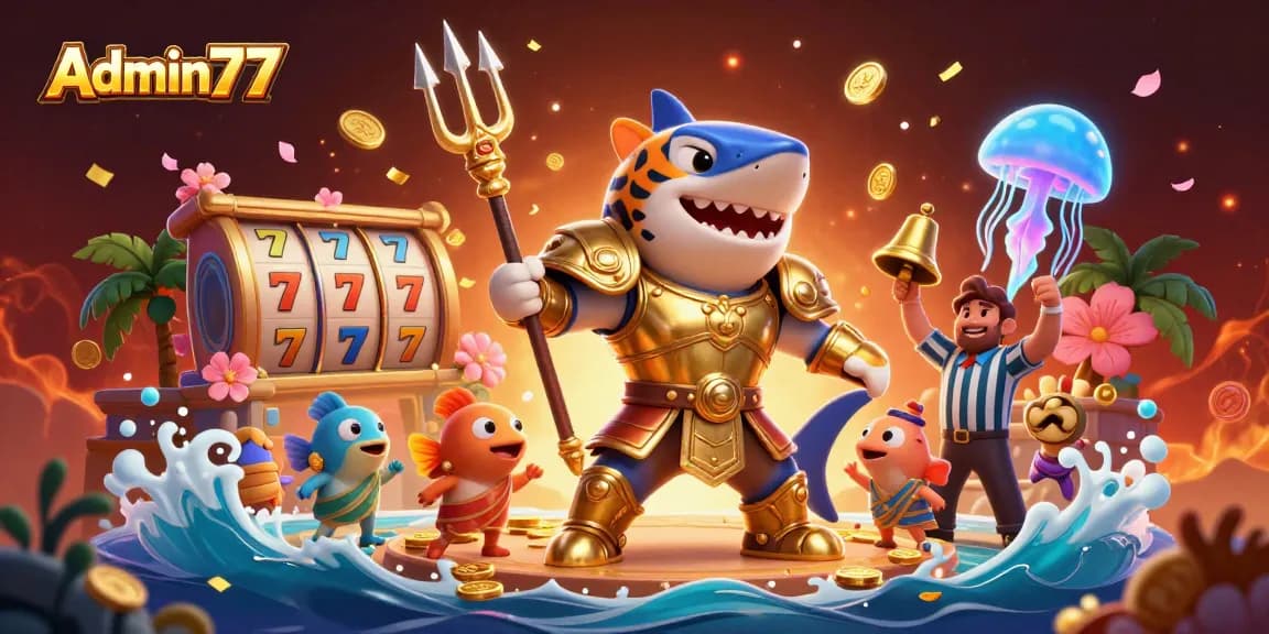 Experience Admin77's thrilling casino action with a golden shark gladiator, slots, and vibrant elements.