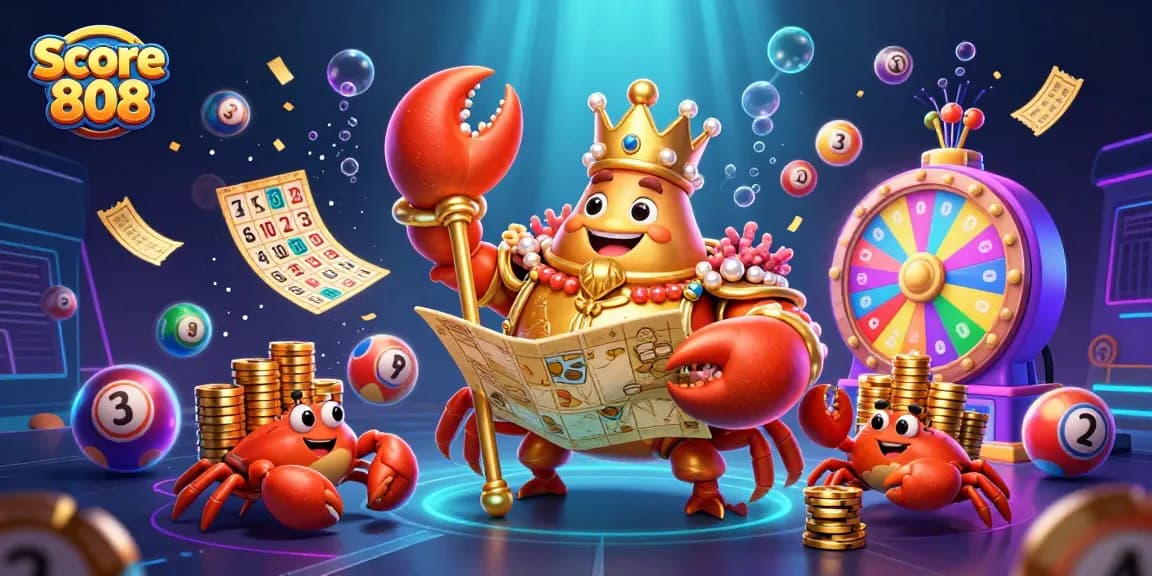 Experience thrilling gameplay with Score 808, featuring golden crab and vibrant lottery elements in a casino scene.