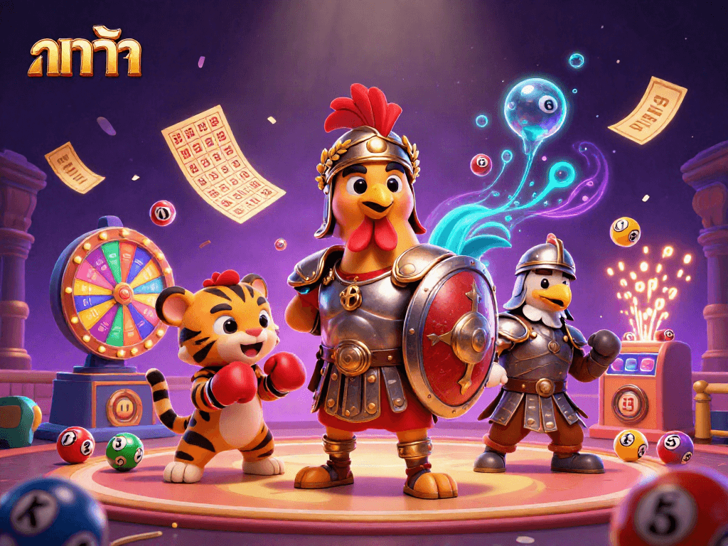 Engage in บาคาร่า at a vibrant casino with lucky characters and dynamic lottery elements.