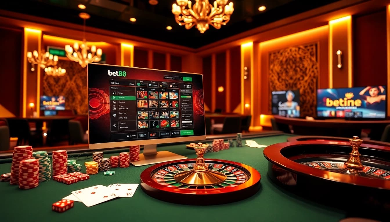 Exciting gaming experience at Bet88 with casino elements like roulette and poker chips.