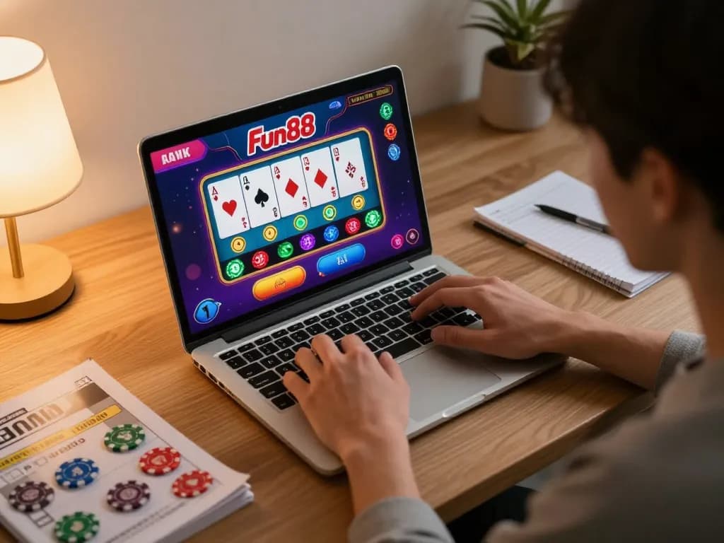 Engage with Fun88's online gaming action at home using a laptop in a cozy setting.