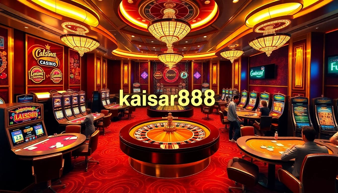 Kaisar888 gaming experience featuring vibrant casino tables, lively players, and elegant decor.