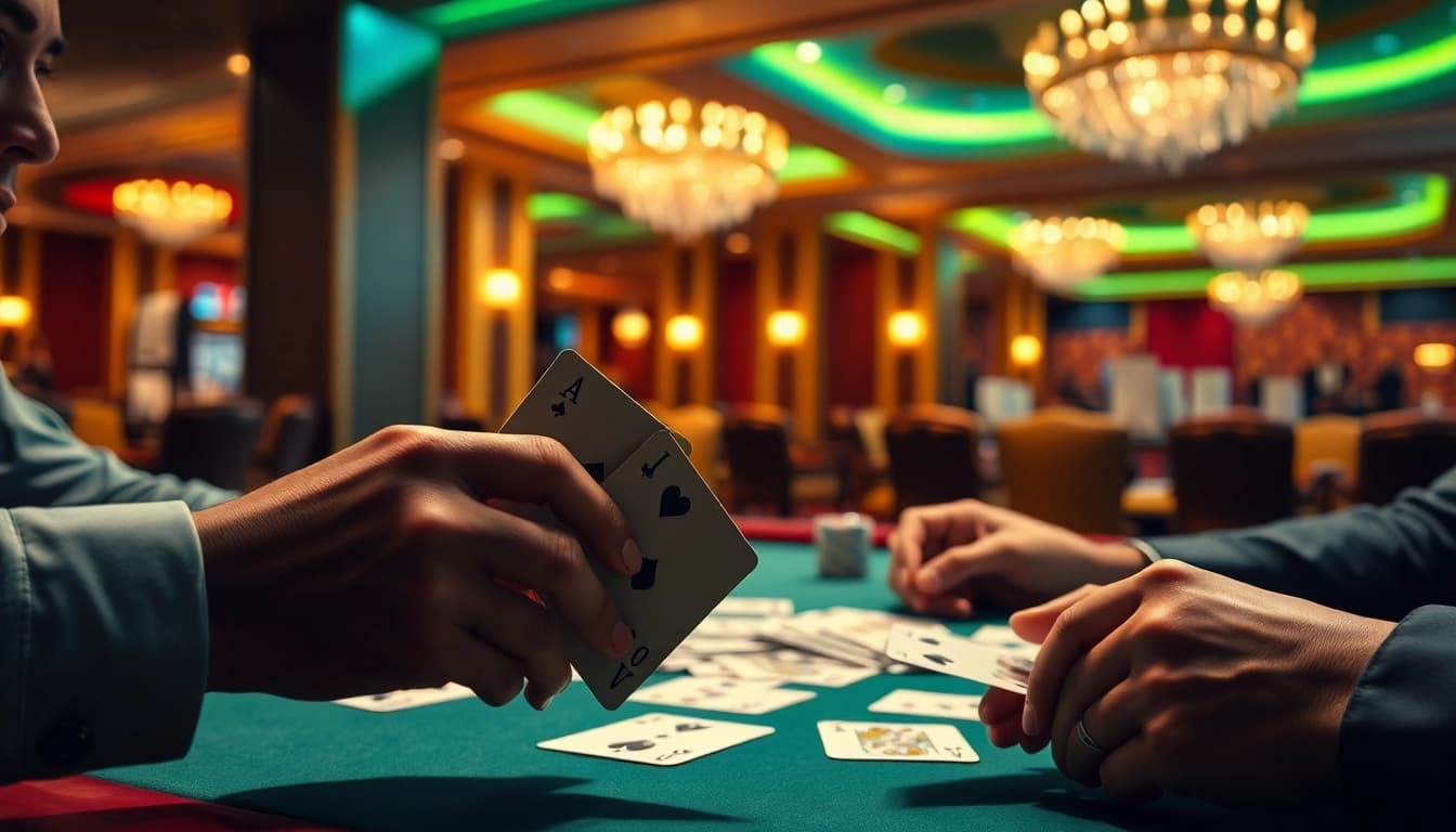 Permainan yumetoto poker di kasino mewah dengan fokus pada tangan pemain yang penuh konsentrasi.