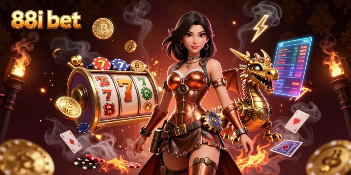 Experience the thrill of 88i bet with a stunning steampunk illustration featuring the excitement of online slots and crypto elements.