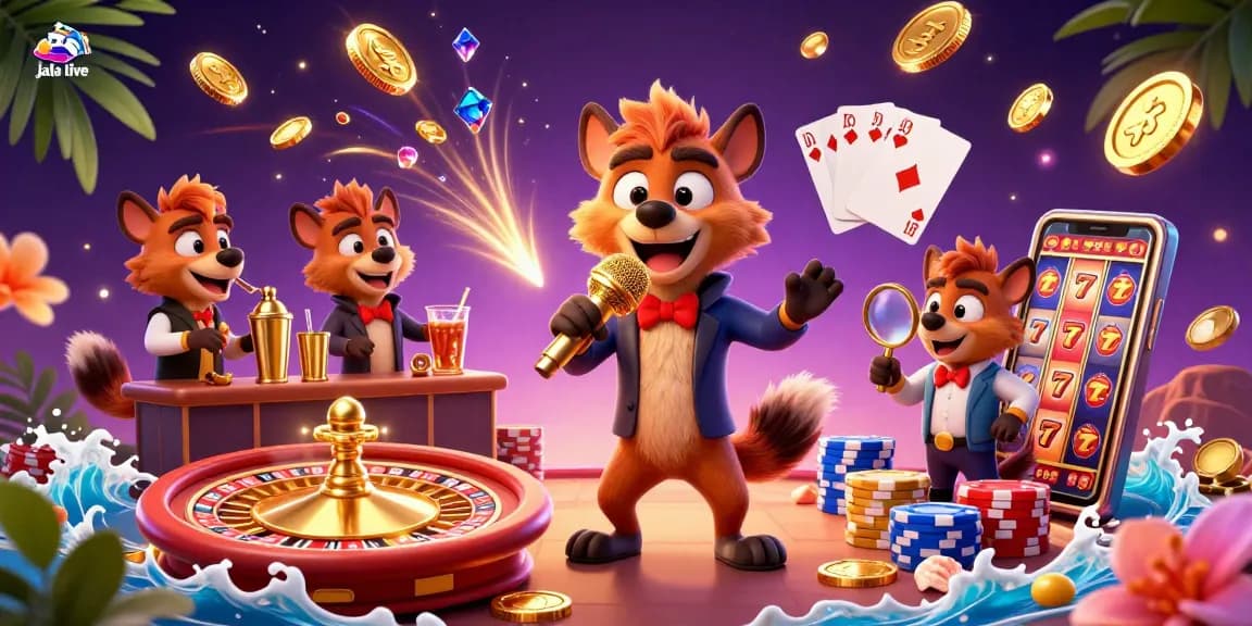 Experience top-tier entertainment with "jala live" featuring vibrant hyena characters in a sparkling casino setting.