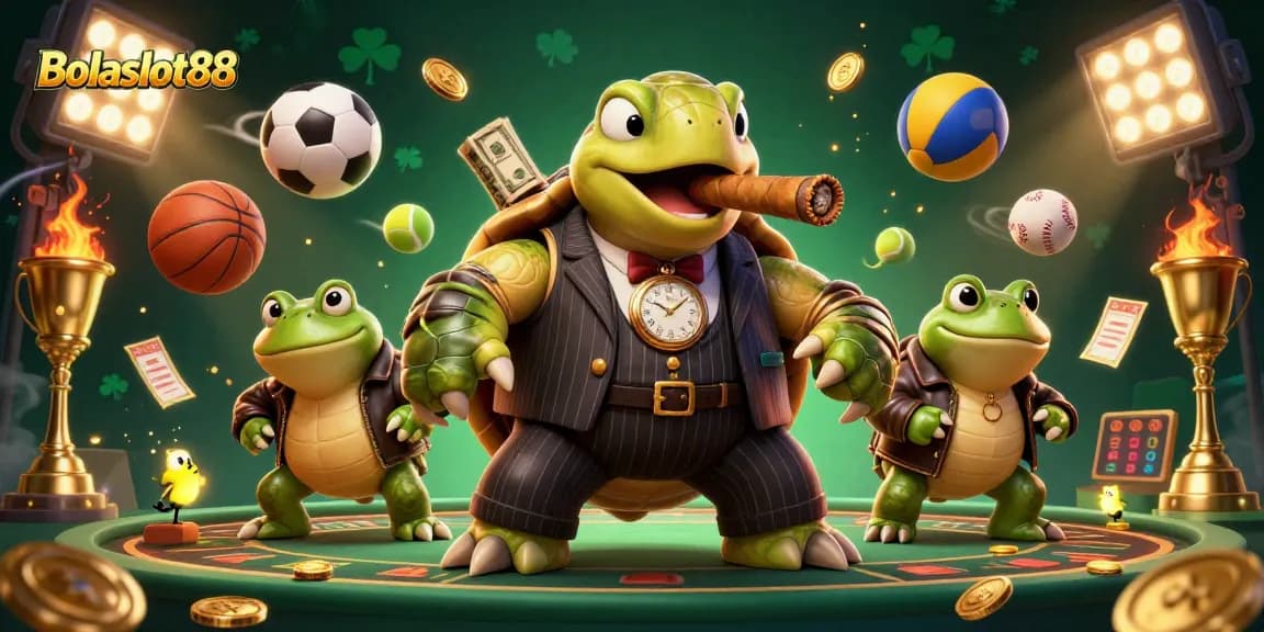 Bolaslot88 provides access to a luxurious casino experience featuring cartoon characters amidst dynamic sports elements.