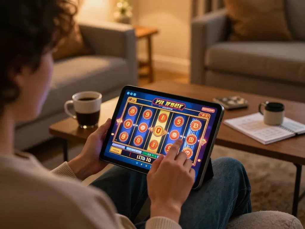 Pemain yang terlibat menggunakan tablet hwg500 untuk slot online di ruang tamu yang nyaman
