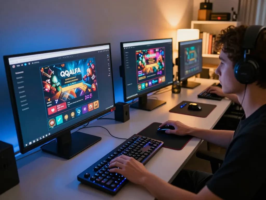 Person engaging with QQALFA login on multiple screens in a stylish gaming setup, showcasing strategic online gambling.