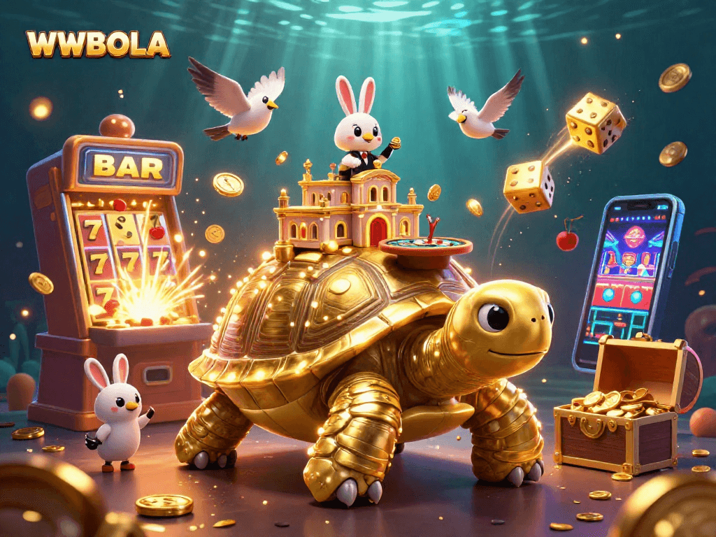 Mengalami slot gacor di WWBOLA dengan tortoise emas dan dealer kelinci di meja permainan.