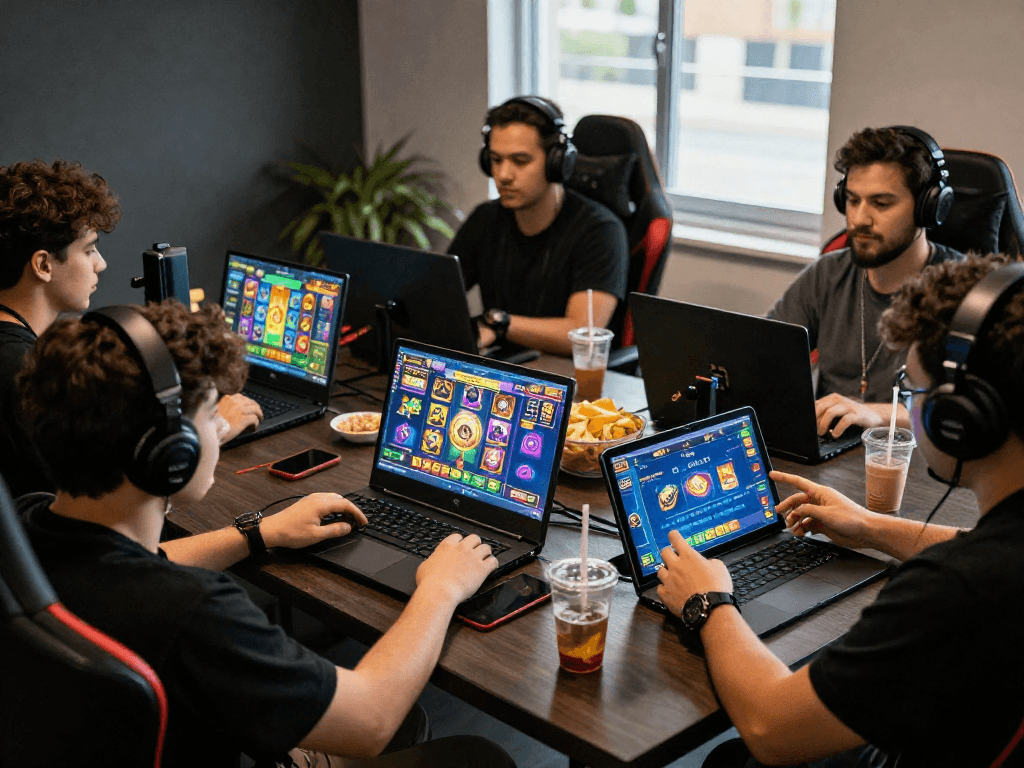 Engaged players enjoying situs slot games on the PAKHOKI platform, surrounded by vibrant game interfaces.