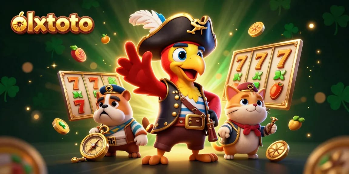 Mainkan olxtoto dengan slot beruntung dan simbol jackpot penuh warna dalam ilustrasi kasino yang menarik.