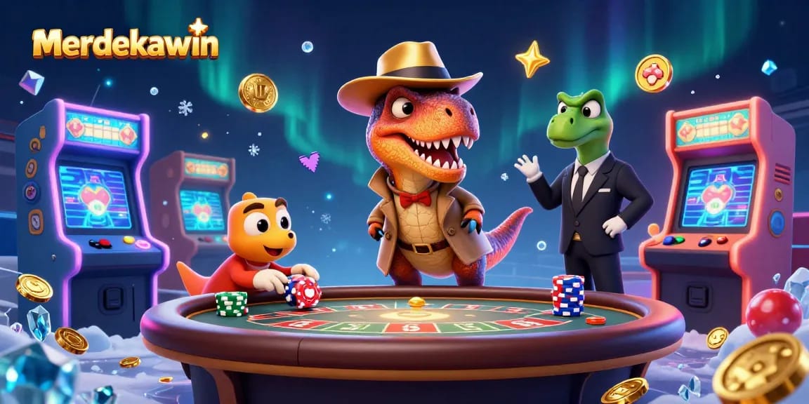 Merdakawin menghadirkan ilustrasi kasino 3D dengan velociraptor bermain blackjack, menunjukkan keseruan dunia judi.