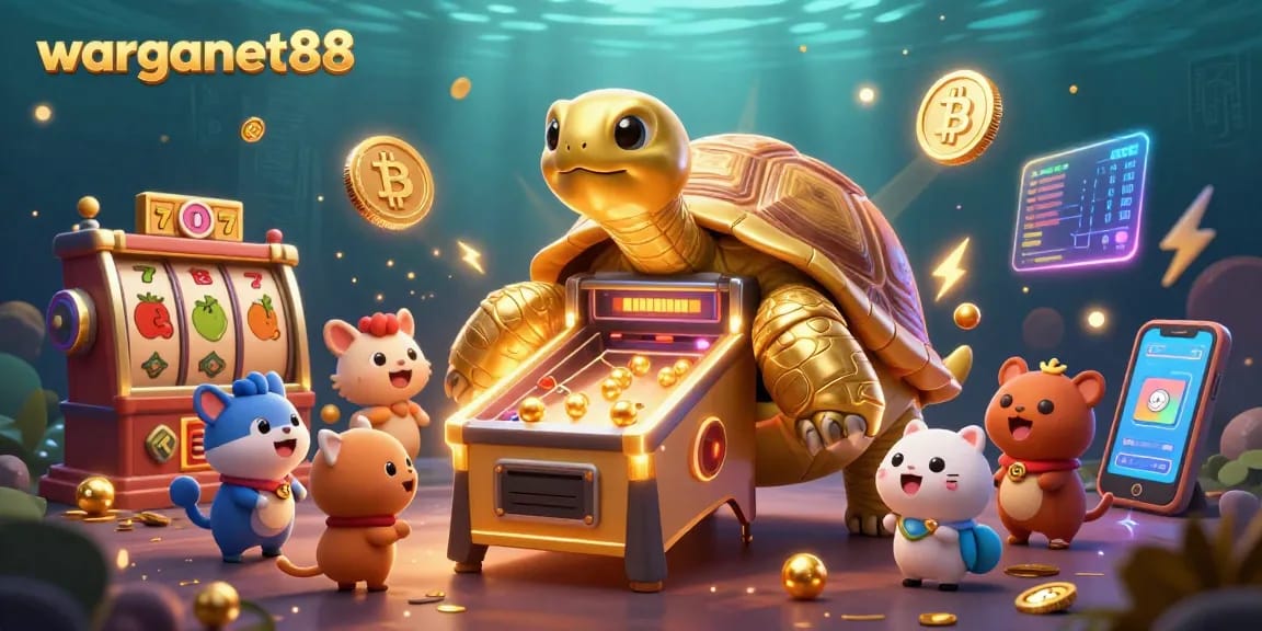 Play exciting slot games at warganet88 with a playful golden tortoise and vibrant crypto elements.