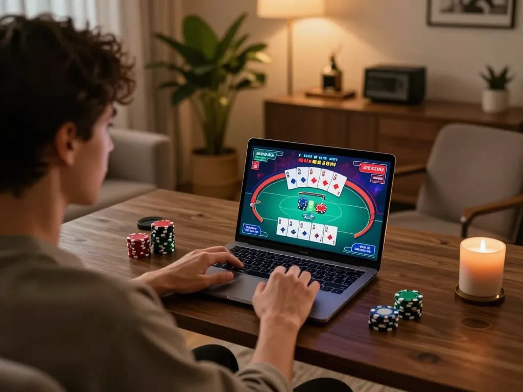 Kuwin player strategizing during an online poker game in a cozy home office.