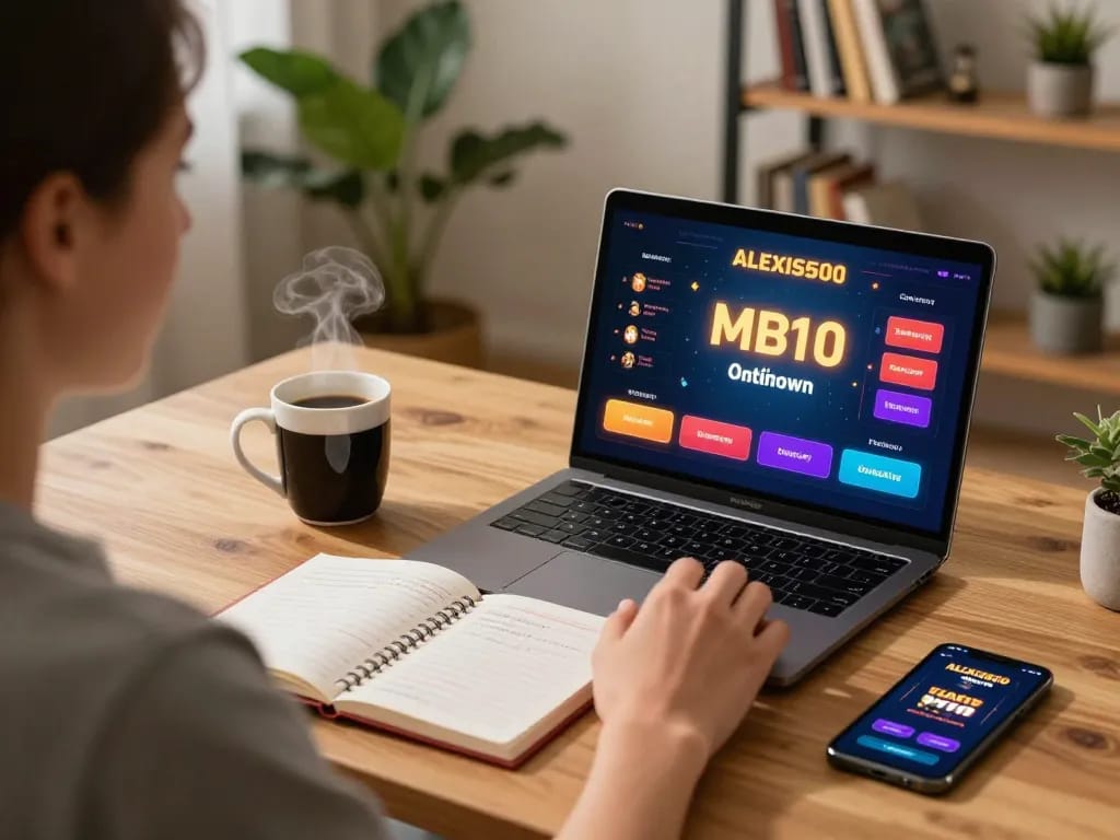 Berinteraksi dengan kasino online alexis500 di laptop dalam ruang kerja rumah yang nyaman.
