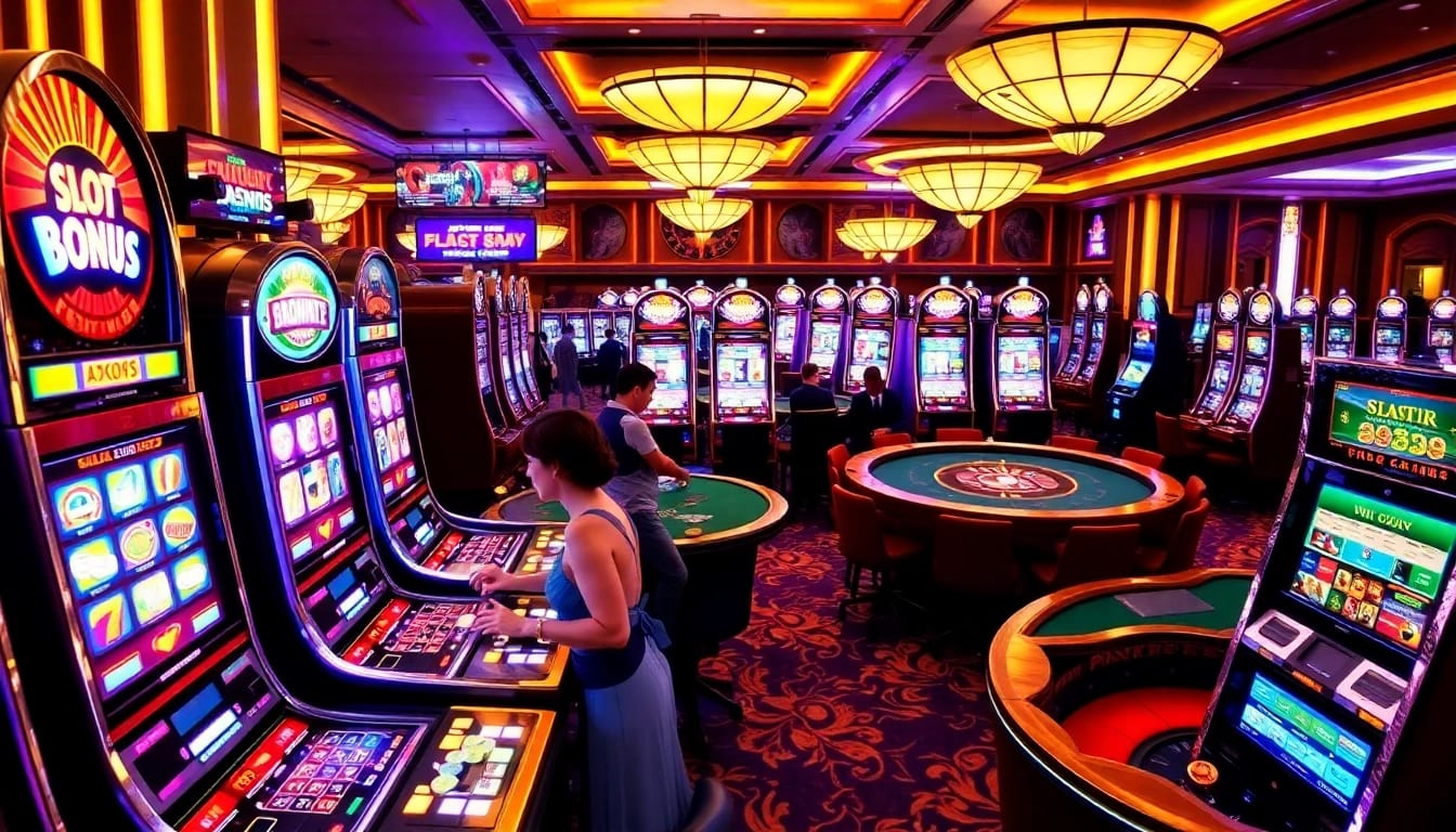 Slot bonus new member scene with vibrant casinos, active players, and exciting slot machines.