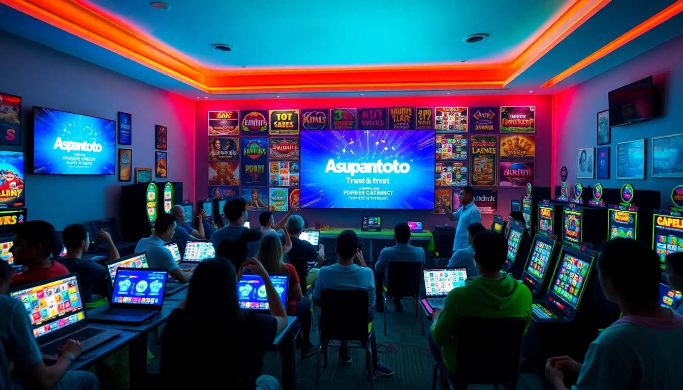 Asupantoto gaming atmosphere with players celebrating wins in a vibrant neon-lit room.