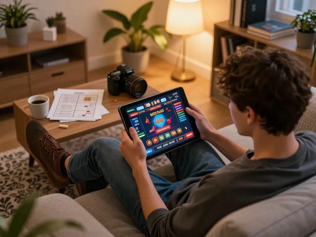 Người chơi câu lạc bộ B52 tận hưởng các trò chơi casino trực tuyến trên máy tính bảng trong không gian ấm cúng tại nhà.