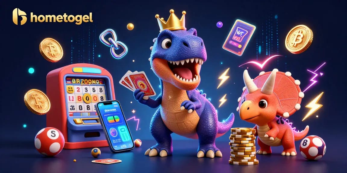 Engage with hometogel's dynamic lottery experience featuring a playful T-Rex and colorful game elements.