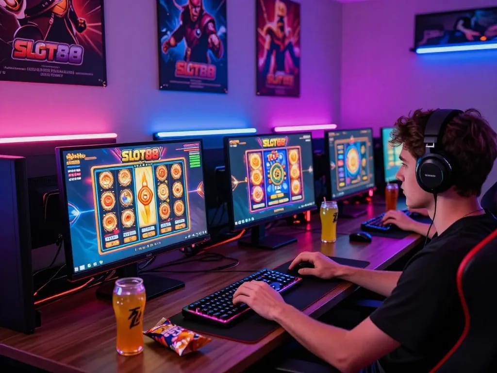 Engaging player at BIUSTOTO online Slot88 gaming setup with vibrant screens and snacks