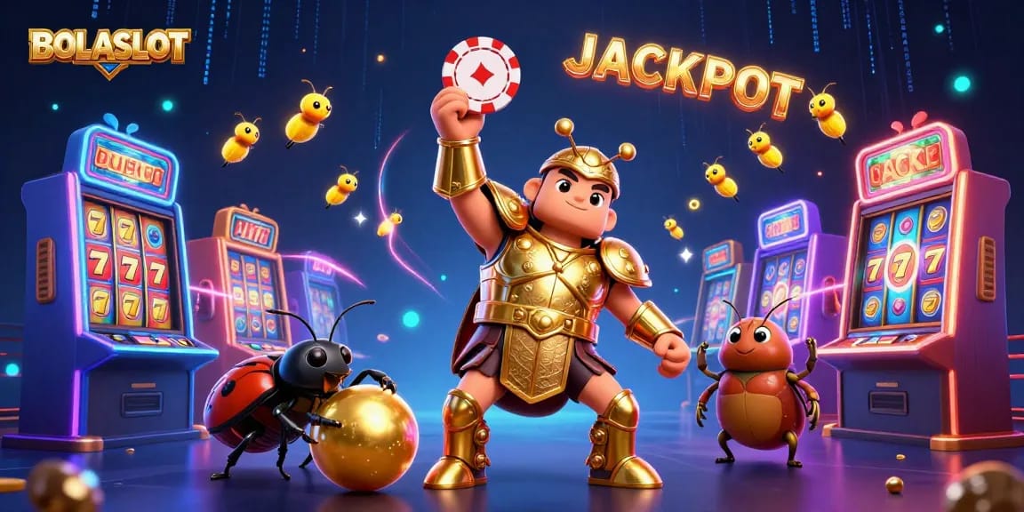 Boost your winnings with BOLASLOT in an energetic slot game illustration featuring victory and luck.