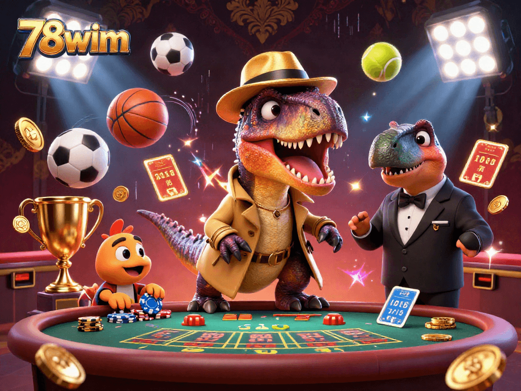 Experience the thrilling action of 78wim with cartoon dinosaurs at a blackjack table, surrounded by dynamic sports elements.